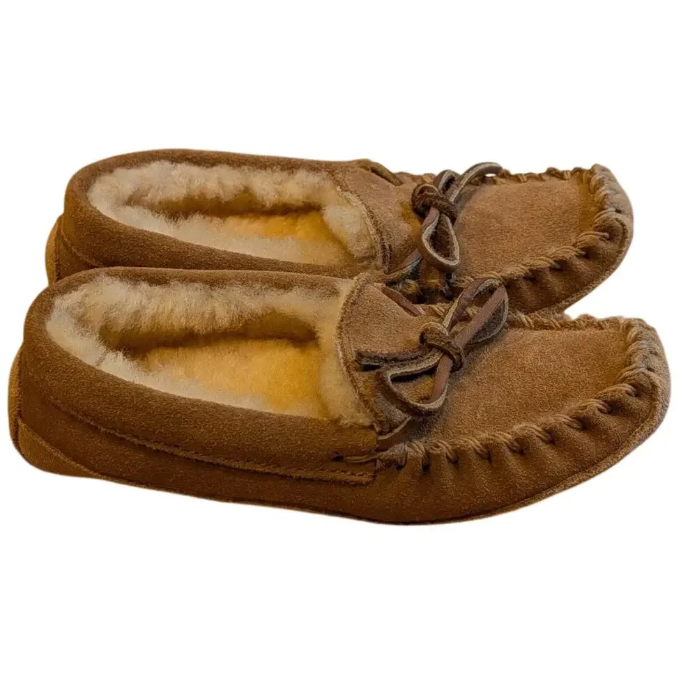 L.L. Bean 296248 Wicked Slipper Brown Suede Slippers Moc Toe Shearling Kids 11